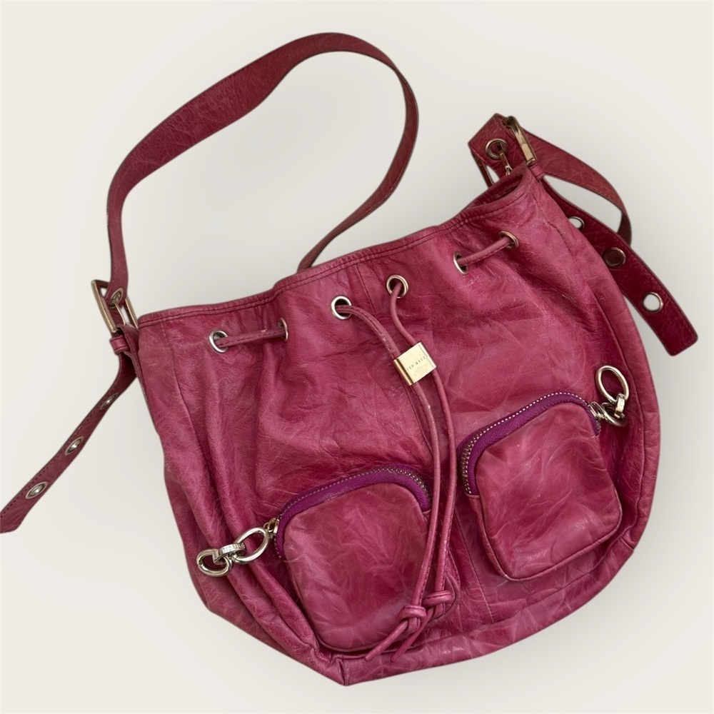 Ted Baker Fuchsia Crinkled Leather Chunky Chain Drawstring Shoulder Bag Y2K